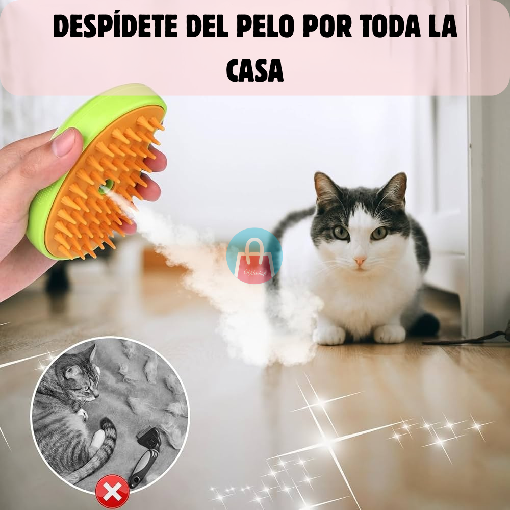 Cepillo a Vapor de Mascotas 3 en 1 – Desenreda, limpia y relaja – Pelaje suave y sin olores en solo minutos 💦 🐾